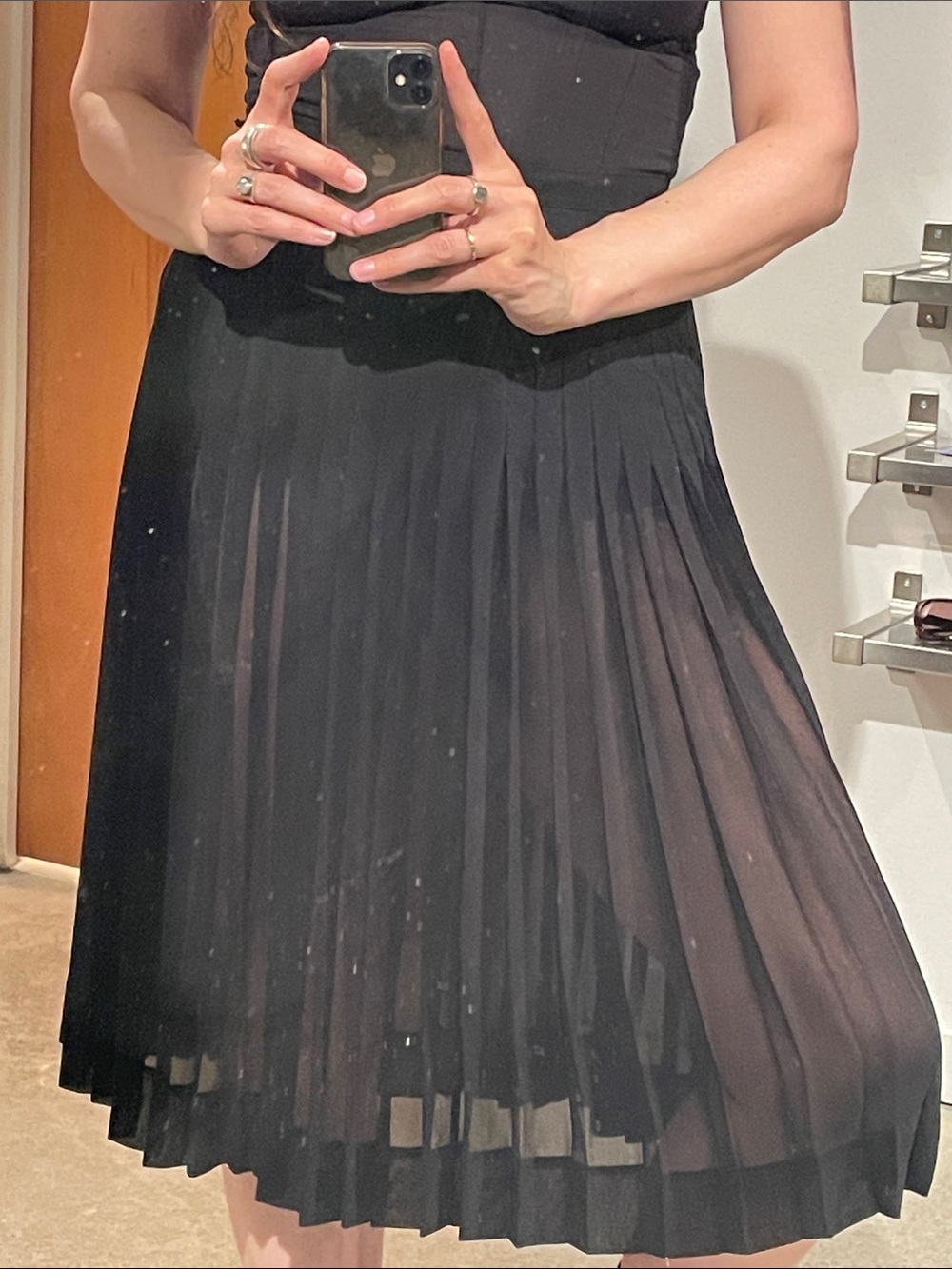 Vintage Pleated Sheer Black Midi Skirt
